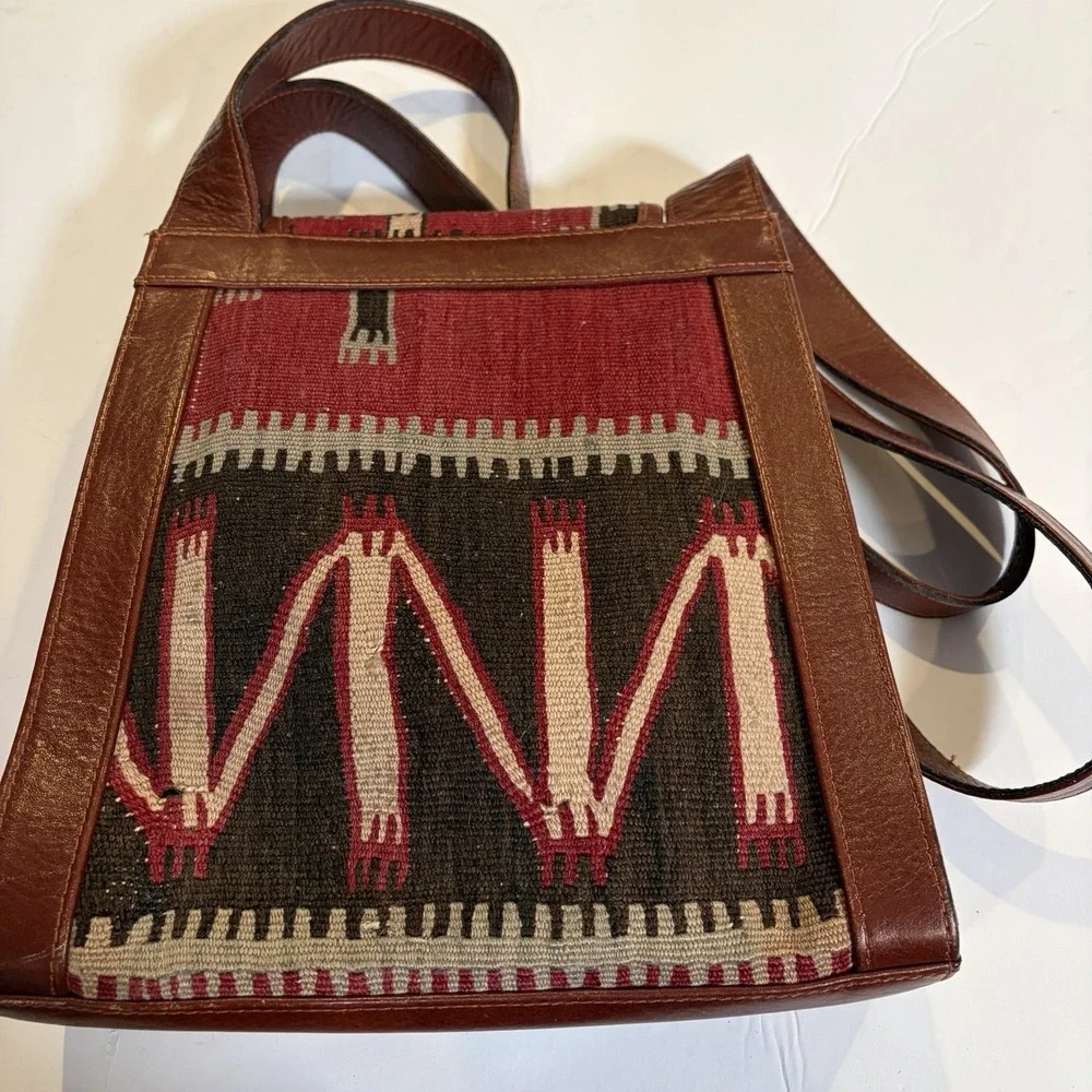 VTG YUN ART Turkish Kilim Wool Rust-Tan Leather Shoulder Bag Purse Boho Hobo